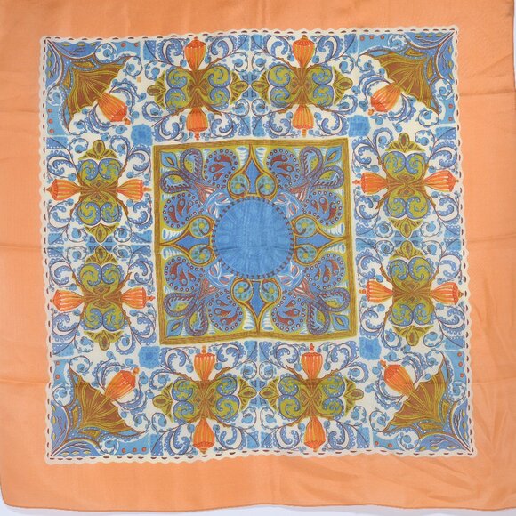 Liberty of London Orange and Blue Silk Scarf - Ornate Floral Very Good - Picture 1 of 5